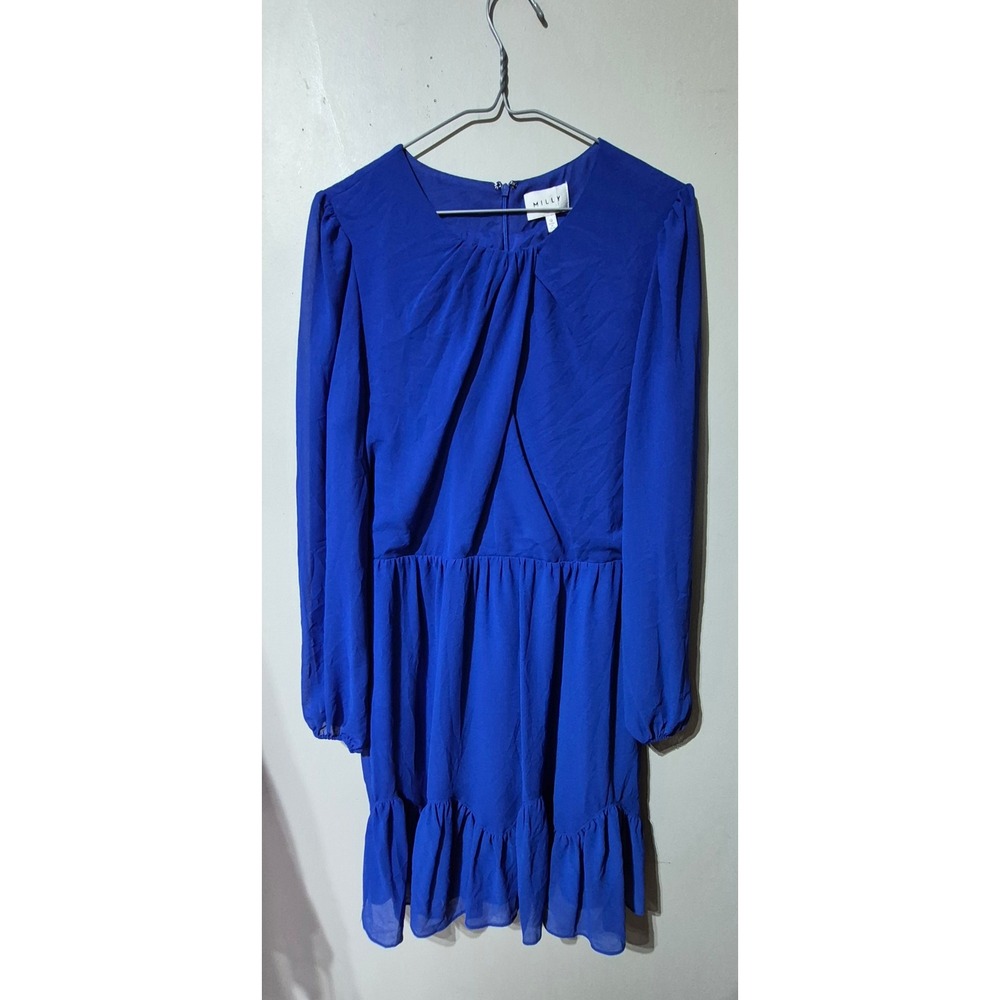 Milly Jackie Chiffon Dress Azure Blue Long Sleeve Ruffle Hem Mini 12 NEW $375